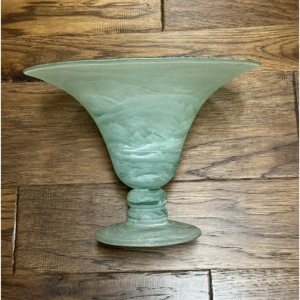 Vintage~Hand Blown~Studio Art Glass Vase~Horn Shaped~Translucent~ Green~G2WC**